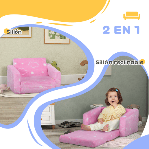 AIYAPLAY Poltrona para Crianças Dobrável Sofá Infantil Reclinável 2 em 1 Sofá para Crianças Estofado em Tecido Luminoso com Desenho de Nunes e Capa Lavável para Dormitório Sala de Estar Rosa
