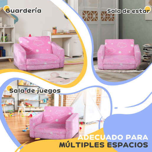 AIYAPLAY Poltrona para Crianças Dobrável Sofá Infantil Reclinável 2 em 1 Sofá para Crianças Estofado em Tecido Luminoso com Desenho de Nunes e Capa Lavável para Dormitório Sala de Estar Rosa
