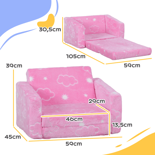 AIYAPLAY Poltrona para Crianças Dobrável Sofá Infantil Reclinável 2 em 1 Sofá para Crianças Estofado em Tecido Luminoso com Desenho de Nunes e Capa Lavável para Dormitório Sala de Estar Rosa