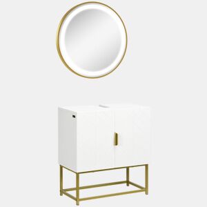 kleankin Conjunto Móveis para Casa de Banho Móvel para Lavatório Pousar com Pés de Aço e Espelho para Casa de Banho com Luz LED Interruptor Tátil 60x30x65 cm Ø60x4 cm Branco e Dourado