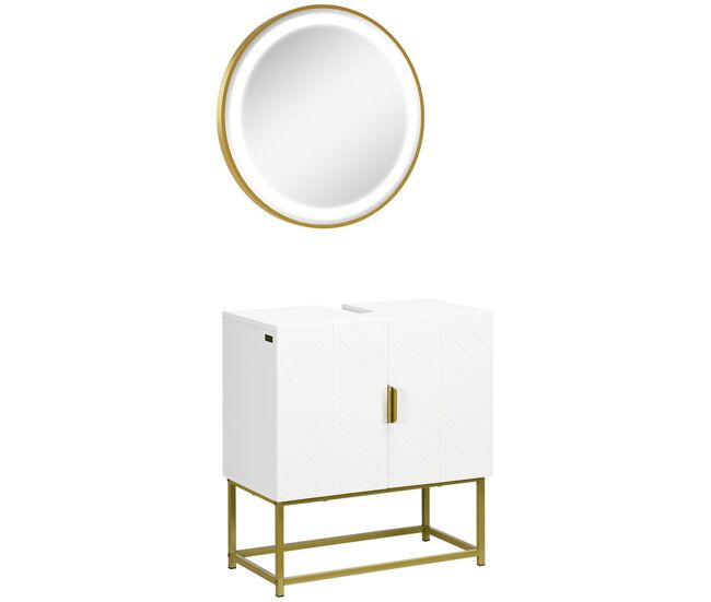 Kleankin conjunto de baño juego de mueble para debajo del lavabo con patas de acero y espejo de baño con luz led interruptor táctil 60x30x65 cm ø60x4