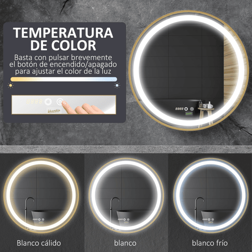 kleankin Conjunto Móveis para Casa de Banho Móvel para Lavatório Pousar com Pés de Aço e Espelho para Casa de Banho com Luz LED Interruptor Tátil 60x30x65 cm Ø60x4 cm Branco e Dourado