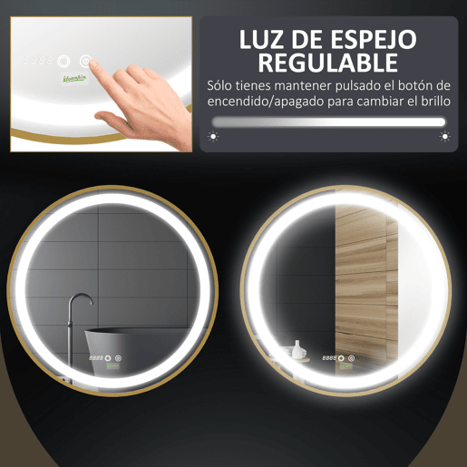 kleankin Conjunto Móveis para Casa de Banho Móvel para Lavatório Pousar com Pés de Aço e Espelho para Casa de Banho com Luz LED Interruptor Tátil 60x30x65 cm Ø60x4 cm Branco e Dourado