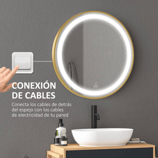 kleankin Conjunto Móveis para Casa de Banho Móvel para Lavatório Pousar com Pés de Aço e Espelho para Casa de Banho com Luz LED Interruptor Tátil 60x30x65 cm Ø60x4 cm Branco e Dourado