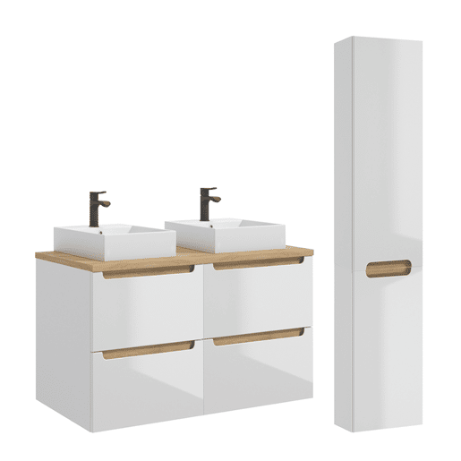 Móvel de lavatório duplo de 120 cm com 4 gavetas e móvel alto Livia branco e madeira