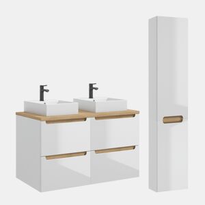 Móvel de lavatório duplo de 120 cm com 4 gavetas e móvel alto Livia branco e madeira