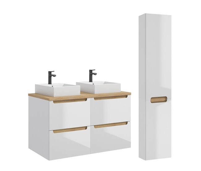 Conjunto de muebles con doble lavabo 120cm 4 cajones y columna livia blanco y madera