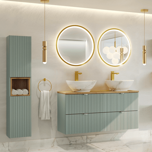 Móvel de lavatório 120cm 4 gavetas tampo de lavatório Verde Jade e Madeira
