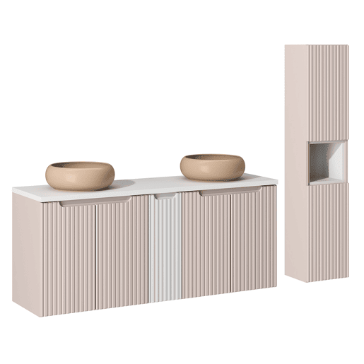 Móvel de lavatório duplo 140cm 5 portas e coluna Riva Caxemira e Branco