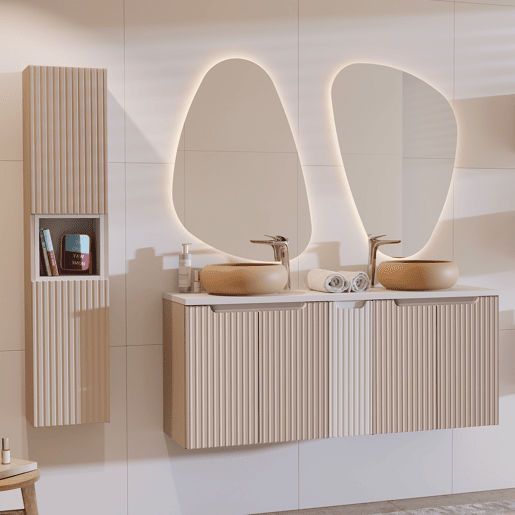 Móvel de lavatório duplo 140cm 5 portas e coluna Riva Caxemira e Branco