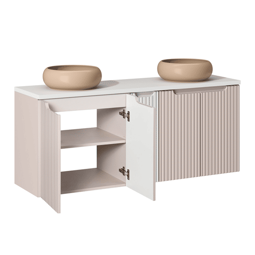 Móvel de lavatório duplo 140cm 5 portas e coluna Riva Caxemira e Branco