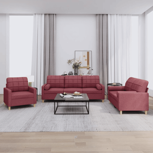 vidaXL 3 pcs conjunto de sofás com almofadas tecido vermelho-tinto