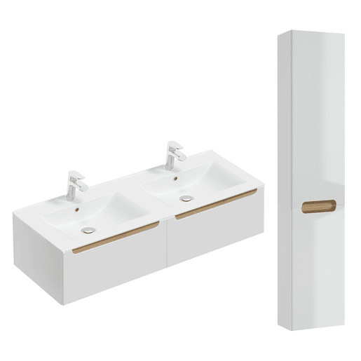 Móvel de lavatório duplo de 120 cm com 2 gavetas e móvel alto Livia branco e madeira