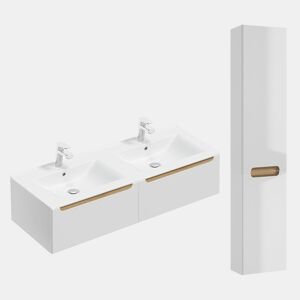 Móvel de lavatório duplo de 120 cm com 2 gavetas e móvel alto Livia branco e madeira