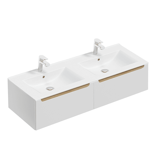 Móvel de lavatório duplo de 120 cm com 2 gavetas e móvel alto Livia branco e madeira