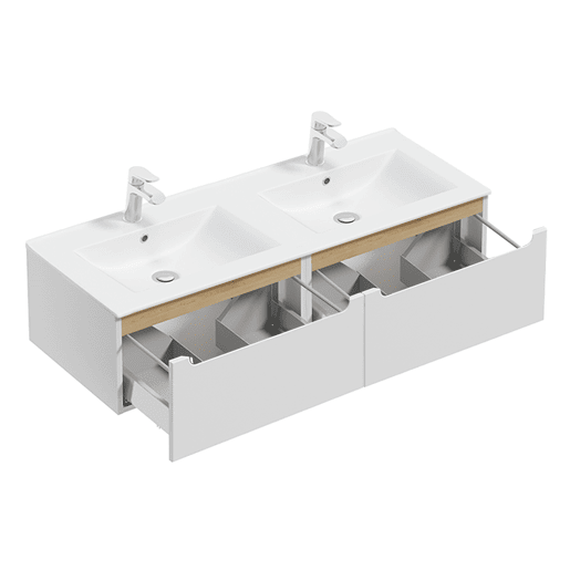 Móvel de lavatório duplo de 120 cm com 2 gavetas e móvel alto Livia branco e madeira