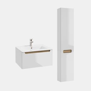 Conjunto móvel lavatório simples embutido 60cm 1 gaveta coluna Livia Branco Madeira