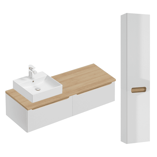 Conjunto móvel lavatório simples 120cm 2 gavetas coluna Livia Branco Madeira