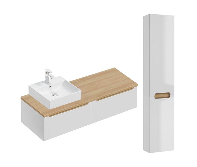Conjunto de muebles con lavabo individual 120cm 2 cajones y columna livia blanco y madera