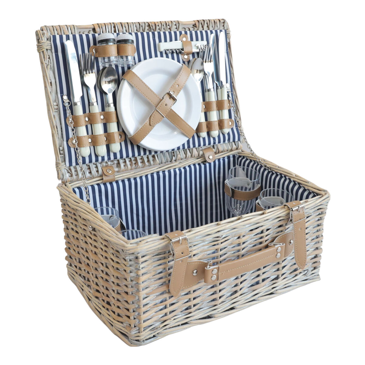 Cesta de picnic lumparland para 4 personas 42x28x20cm - blanco / azul [casa.pro]