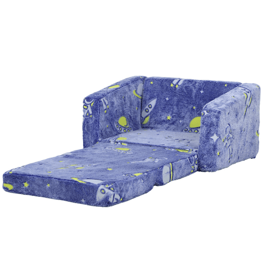 AIYAPLAY Poltrona para Crianças Dobrável Sofá Infantil Reclinável 2 em 1 Sofá para Crianças Estofado em Tecido Luminoso com Desenho Espacial e Capa Lavável para Dormitório Sala de Estar Azul