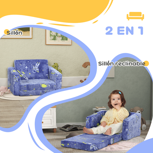 AIYAPLAY Poltrona para Crianças Dobrável Sofá Infantil Reclinável 2 em 1 Sofá para Crianças Estofado em Tecido Luminoso com Desenho Espacial e Capa Lavável para Dormitório Sala de Estar Azul