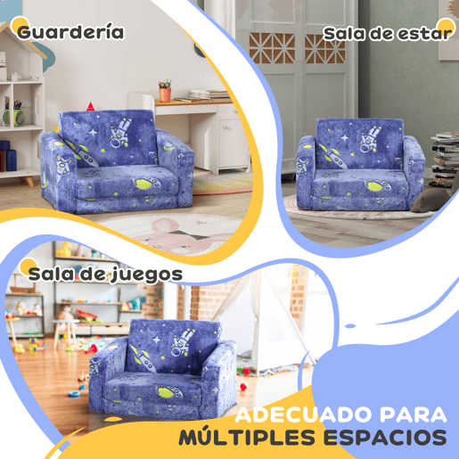 AIYAPLAY Poltrona para Crianças Dobrável Sofá Infantil Reclinável 2 em 1 Sofá para Crianças Estofado em Tecido Luminoso com Desenho Espacial e Capa Lavável para Dormitório Sala de Estar Azul