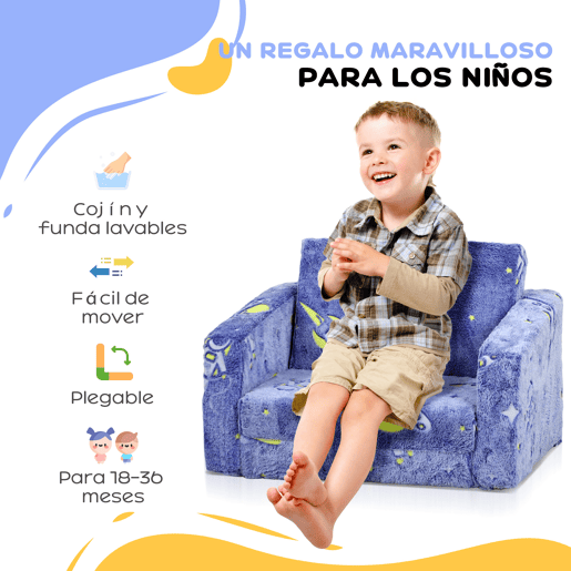 AIYAPLAY Poltrona para Crianças Dobrável Sofá Infantil Reclinável 2 em 1 Sofá para Crianças Estofado em Tecido Luminoso com Desenho Espacial e Capa Lavável para Dormitório Sala de Estar Azul