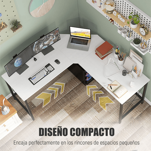 HOMCOM Secretária em Forma de L Secretária para Escritório com Estrutura de Metal Carga 70 kg Secretária de Canto para Escritório Estúdio 150x150x76 cm Branco e Preto