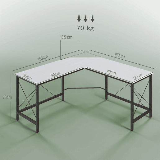 HOMCOM Secretária em Forma de L Secretária para Escritório com Estrutura de Metal Carga 70 kg Secretária de Canto para Escritório Estúdio 150x150x76 cm Branco e Preto