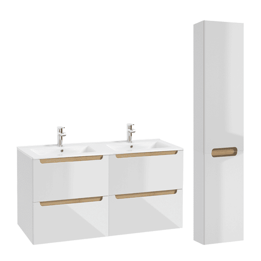 Móvel de lavatório duplo de 120 cm com 4 gavetas e móvel alto Livia branco e madeira