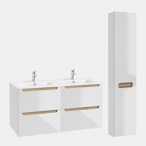 Móvel de lavatório duplo de 120 cm com 4 gavetas e móvel alto Livia branco e madeira