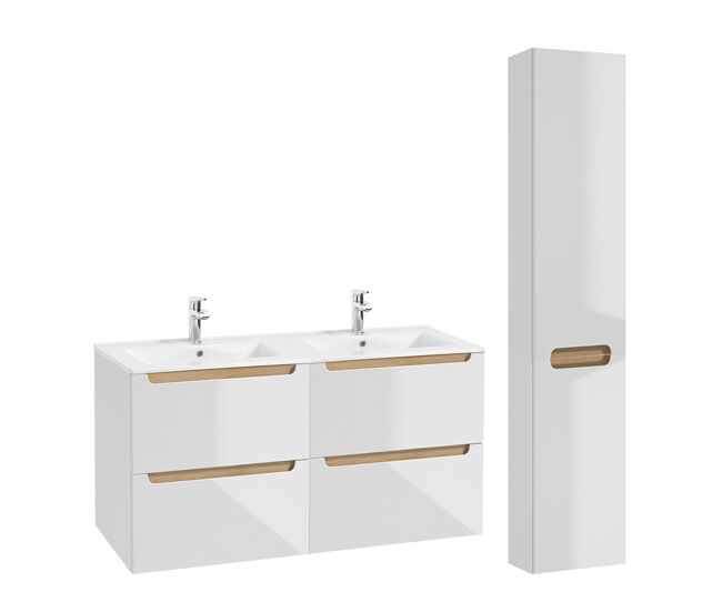 Conjunto de muebles doble lavabo encastrado 120cm 4 cajones y columna livia blanco y madera