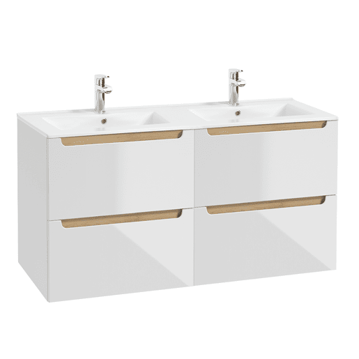 Móvel de lavatório duplo de 120 cm com 4 gavetas e móvel alto Livia branco e madeira