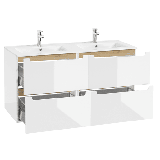 Móvel de lavatório duplo de 120 cm com 4 gavetas e móvel alto Livia branco e madeira