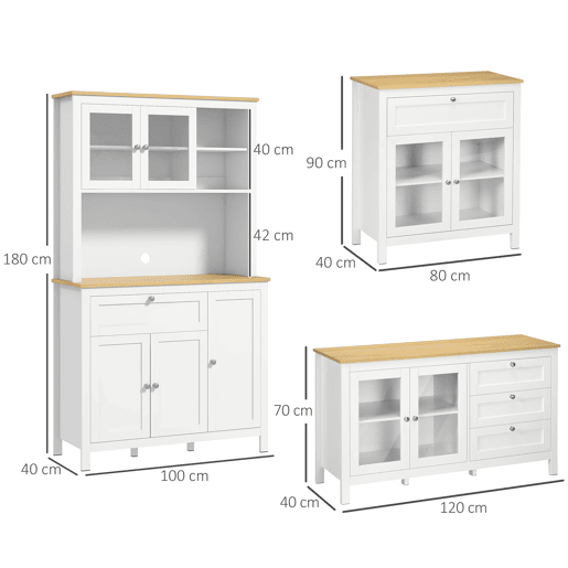 HOMCOM Conjunto de Móveis de Cozinha Armário de Cozinha Aparador e Móvel Auxiliar Estilo Moderno 100x40x180 cm 80x40x90 cm 120x40x70 cm Branco