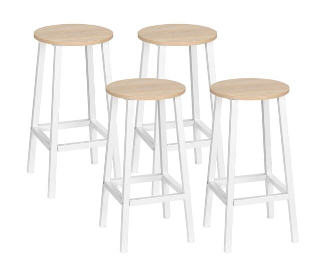 Homcom conjunto de 4 taburetes de bar taburetes altos de cocina con patas de acero y reposapiés carga 75 kg para salón comedor 32,5x32,5x65 cm natural y blanco