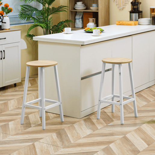 HOMCOM Conjunto de 4 Bancos Altos de Cozinha Bancos de Bar com Pés de Aço e Apoio para os Pés para Sala de Estar Sala de Jantar Carga 75kg 32,5x32,5x65 cm Madeira e Branco