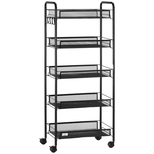 HOMCOM Carrinho de Apoio com Rodas, Estante de Cozinha de 5 Níveis, Carrinho com 4 Ganchos, Suporta até 15 kg, Ideal para Cozinha, Sala, Casa de Banho, 45x26,5x106 cm, Preto
