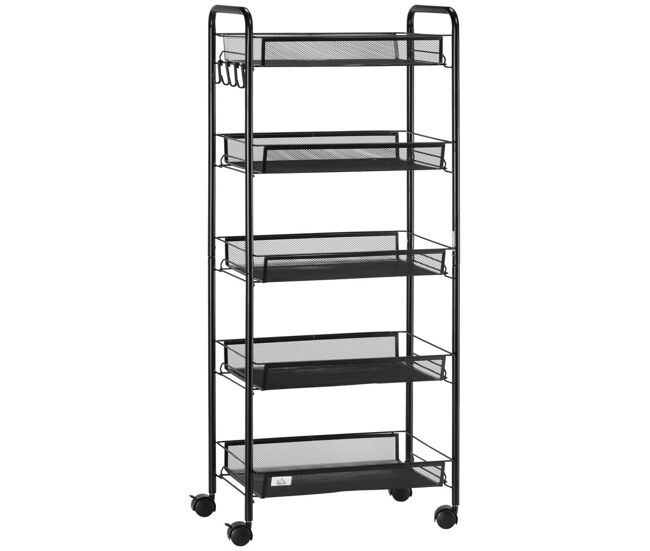 Homcom carrito auxiliar con ruedas, verdulero cocina de 5 niveles, carrito de cocina con 4 ganchos, carga 15 kg, para comedor, sala de estar, baño, 45x26,5x106 cm, negro