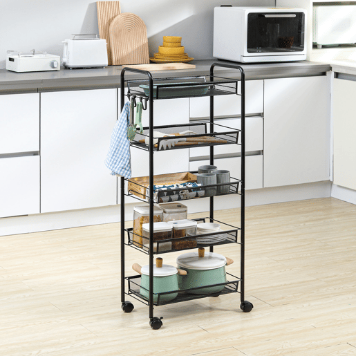 HOMCOM Carrinho de Apoio com Rodas, Estante de Cozinha de 5 Níveis, Carrinho com 4 Ganchos, Suporta até 15 kg, Ideal para Cozinha, Sala, Casa de Banho, 45x26,5x106 cm, Preto