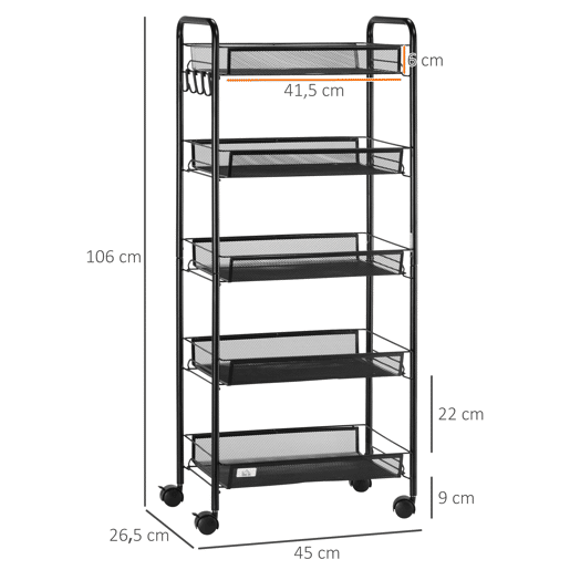 HOMCOM Carrinho de Apoio com Rodas, Estante de Cozinha de 5 Níveis, Carrinho com 4 Ganchos, Suporta até 15 kg, Ideal para Cozinha, Sala, Casa de Banho, 45x26,5x106 cm, Preto