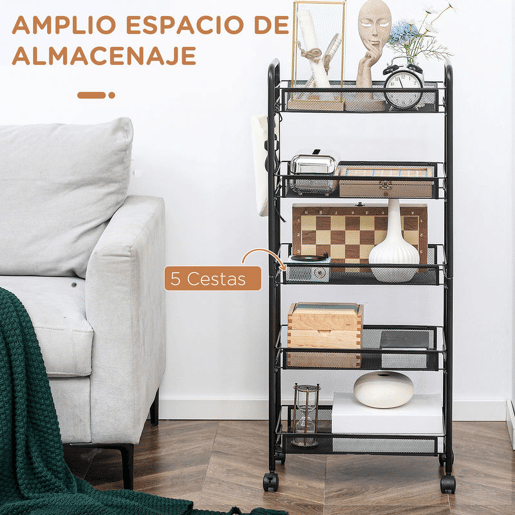 HOMCOM Carrinho de Apoio com Rodas, Estante de Cozinha de 5 Níveis, Carrinho com 4 Ganchos, Suporta até 15 kg, Ideal para Cozinha, Sala, Casa de Banho, 45x26,5x106 cm, Preto