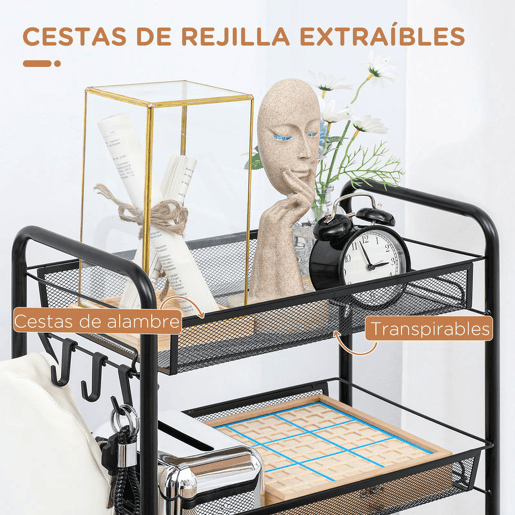 HOMCOM Carrinho de Apoio com Rodas, Estante de Cozinha de 5 Níveis, Carrinho com 4 Ganchos, Suporta até 15 kg, Ideal para Cozinha, Sala, Casa de Banho, 45x26,5x106 cm, Preto