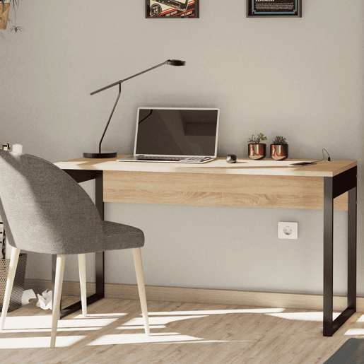 Briebe Smuk Mesa de Escritório, Escrivaninha Computador, Pernas com Estrutura Metálica 76x135x60cm, USB, , Madeira