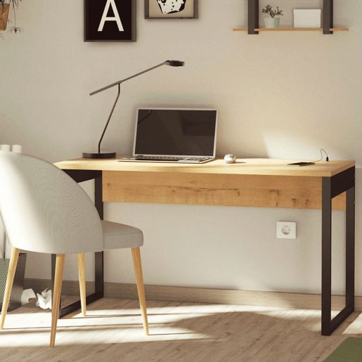 Briebe Smuk Mesa de Escritório, Escrivaninha Computador, Pernas com Estrutura Metálica 76x135x60cm, USB, , Madeira