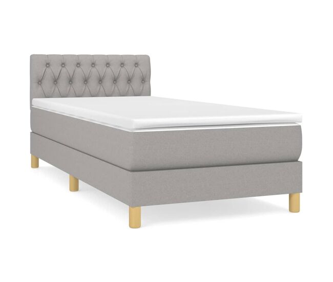 Cama box spring con colchón tela gris claro 90x190 cm diseño de botones