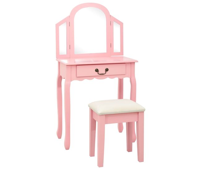 Vidaxl tocador y taburete madera paulownia y mdf rosa 65x36x128 cm