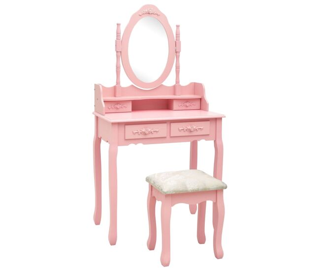 Vidaxl juego de tocador y taburete madera paulownia rosa 75x69x140 cm