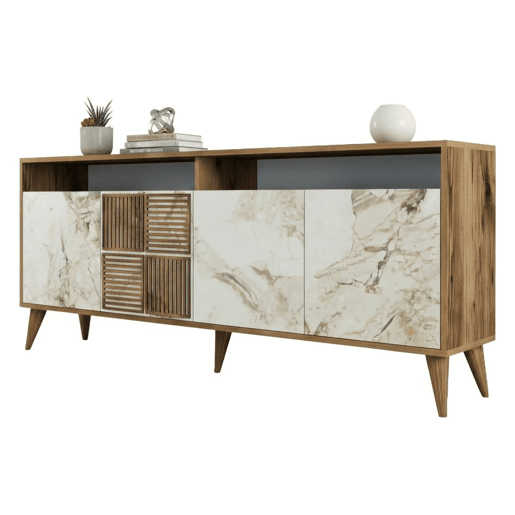 Aparador Virgem, Mesa Multiusos, Armário de Apoio, Secretária Hall, 180x35h79 cm, Nogueira e Mármore Branco